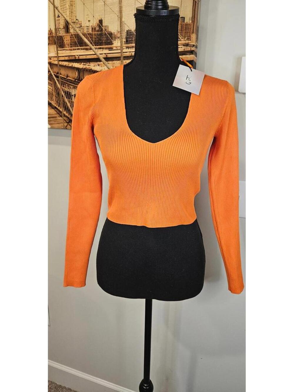 Happily Grey Long Sleeve Ribbed Crop Top in Vibrant Orange Size M